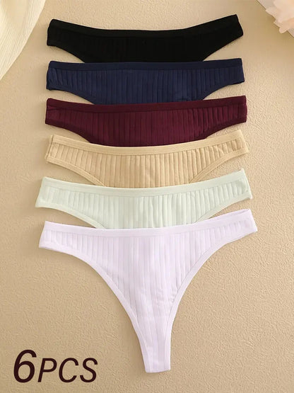 Women Cotton Thongs Panties Female Ribbed Low Rise G-String Ladies Sexy Bikini 7 Solid Color Girl Soft S-XL Intimates 6Pcs