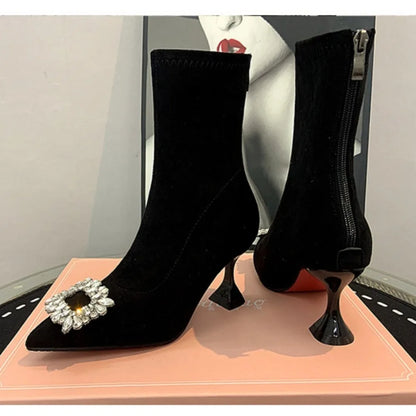 Ankle Boots Women Boots Women Shoes Woman Fashion High-heeled Pointed Flock Boots Spring Autumn Rhinestone Short Boots