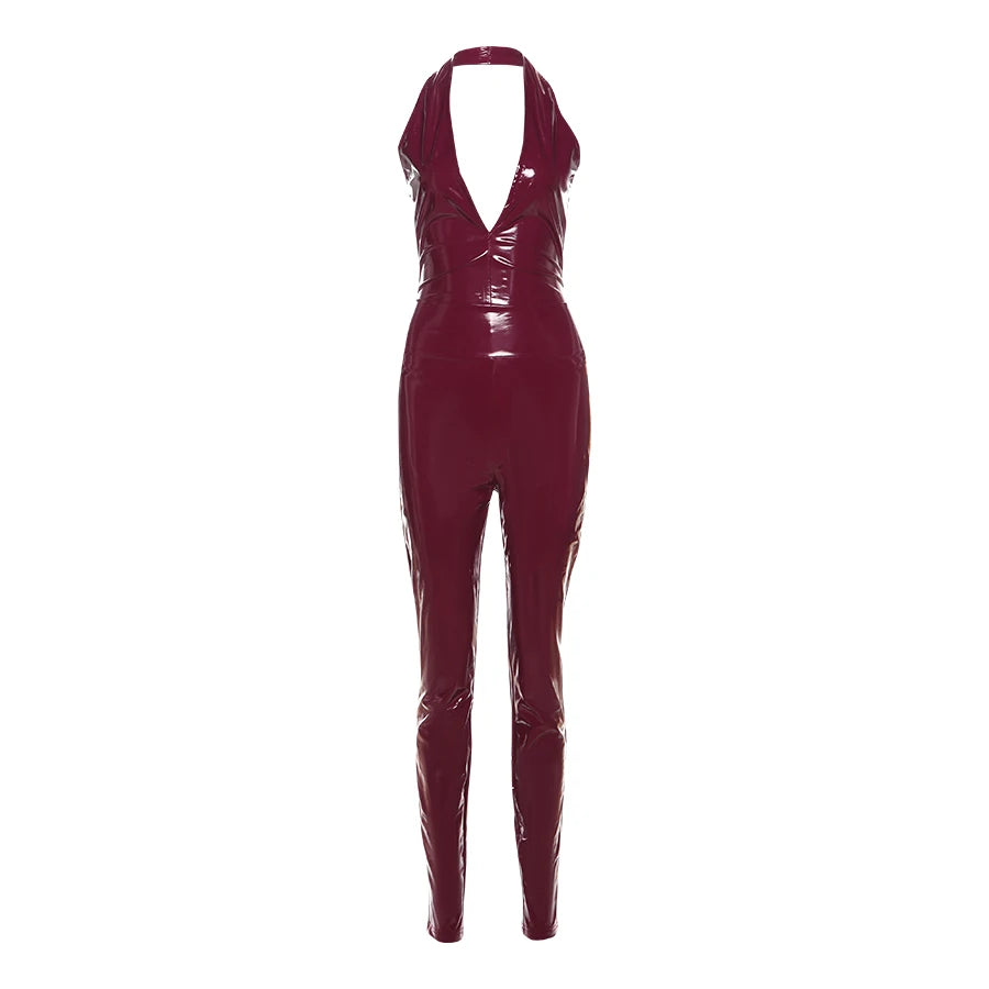Weird Puss Faux Leather 2 Piece Set Women Sexy Low-Neck Halter Sleeveless Bodysuit+Zipper Waist Stretch Pant Clubwear Trend Suit
