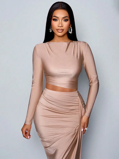 BWQ Women's 2pcs Set Solid Color Elegant Casual Simple Asymmetrical Collar Long Sleeve T-Shirt And Slim Pleated Side Slit