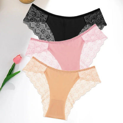 WarmSteps 3Pcs/Set Women's Lace Panties Briefs Solid Ice Silk Lingerie Female Underpanties Underwear for Woman Low Rise Briefs