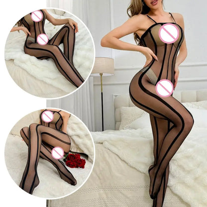 Lingerie Sets Sexy High Elastic Semi-Sheer Vertical Stripe Bodysuit Women Camisole Body Stocking Skinny Fitted Silk Stockings