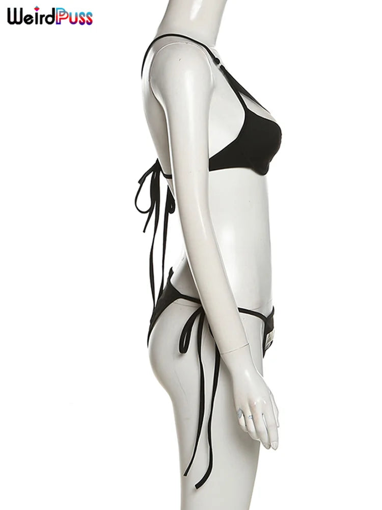 Weird Puss Beach Style Women Bikini 2 Piece Set Sexy Mesh Patchwork One Shoulder Bra Top+Bandage Briefs Vacation Trend Clubwear