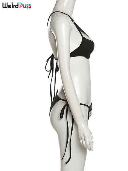 Weird Puss Beach Style Women Bikini 2 Piece Set Sexy Mesh Patchwork One Shoulder Bra Top+Bandage Briefs Vacation Trend Clubwear