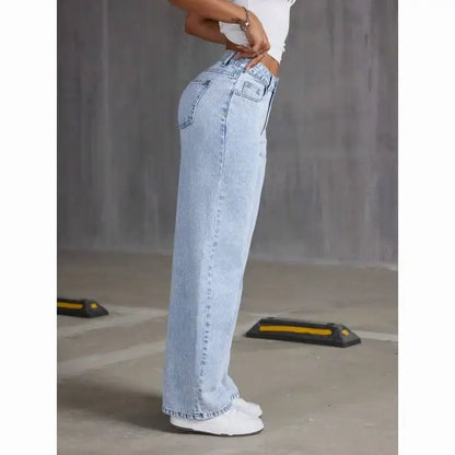 American Women's Blue Washed High-Waisted Straight-Leg Jeans Loose Fashion Front & Back Pockets Jeans Suitable Daily Casual Wear