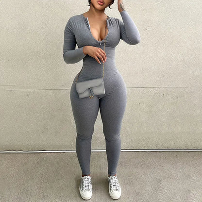 Women's Jumpsuits Autumn New Long Sleeve Bodycon Fashion Zippers Sexy Grey Rompers Casual Streetwear Fitness Sports Yoga Overall