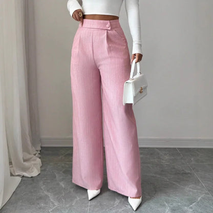 Women's High Waist Pink Waist Covered Button Design Elegant Casual Wear Loose Flowing Straight Pants