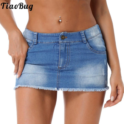 Women Summer Sexy Denim Skirt Fashion Frayed Hem Short Skirts Casual Mid Waisted Pockets Slim Fit Clubwear Solid Color Skirts