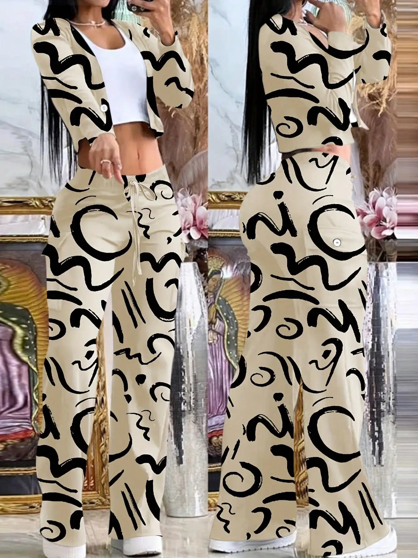 BWQ 2pcs/Set Women Popular Orange Knit Cardigan & Cargo Pant | V-Neck Button-Up Top Pants With Drawstring Waist | Elegant Casual