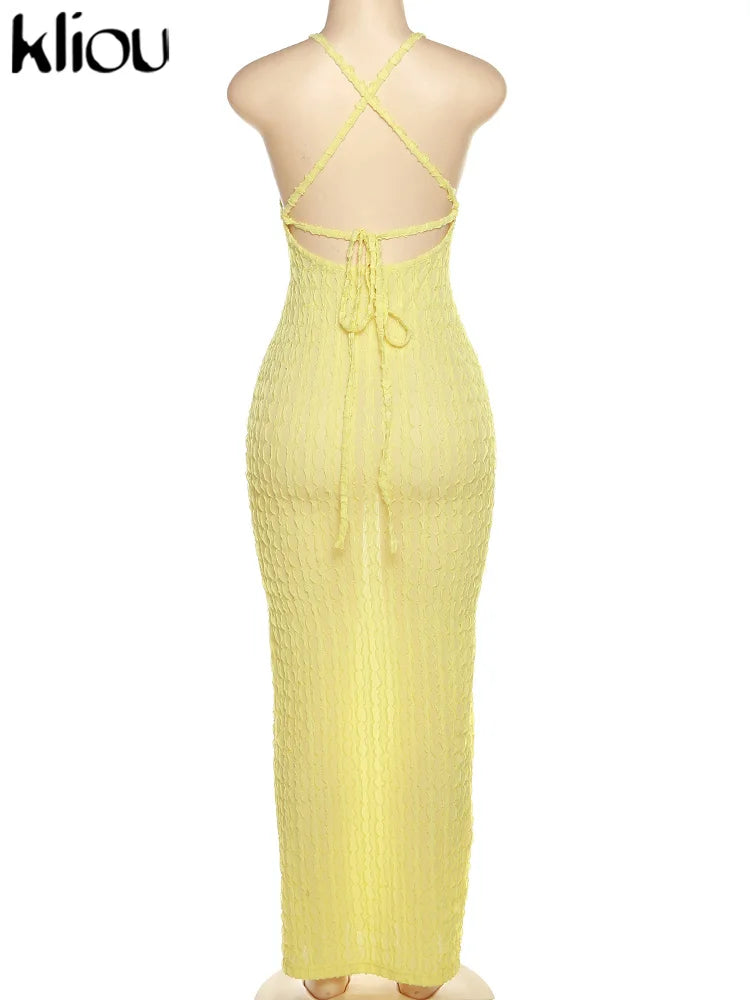 Kliou Solid Ruched Spaghetti Strap Bandage Maxi Dress Women Casual Sleeveless Backless Bodycon Ladies Party Streetwear Dresses