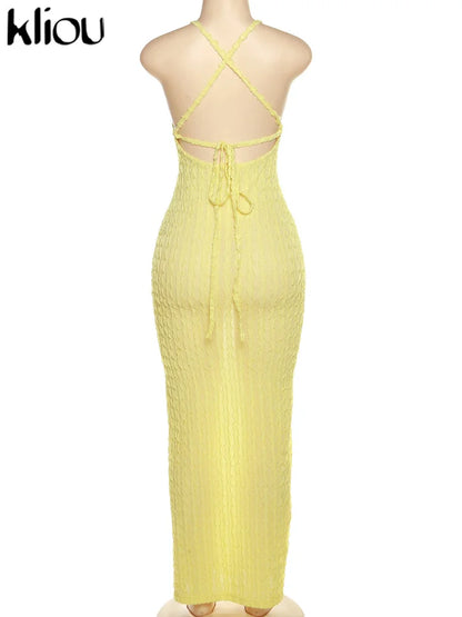 Kliou Solid Ruched Spaghetti Strap Bandage Maxi Dress Women Casual Sleeveless Backless Bodycon Ladies Party Streetwear Dresses