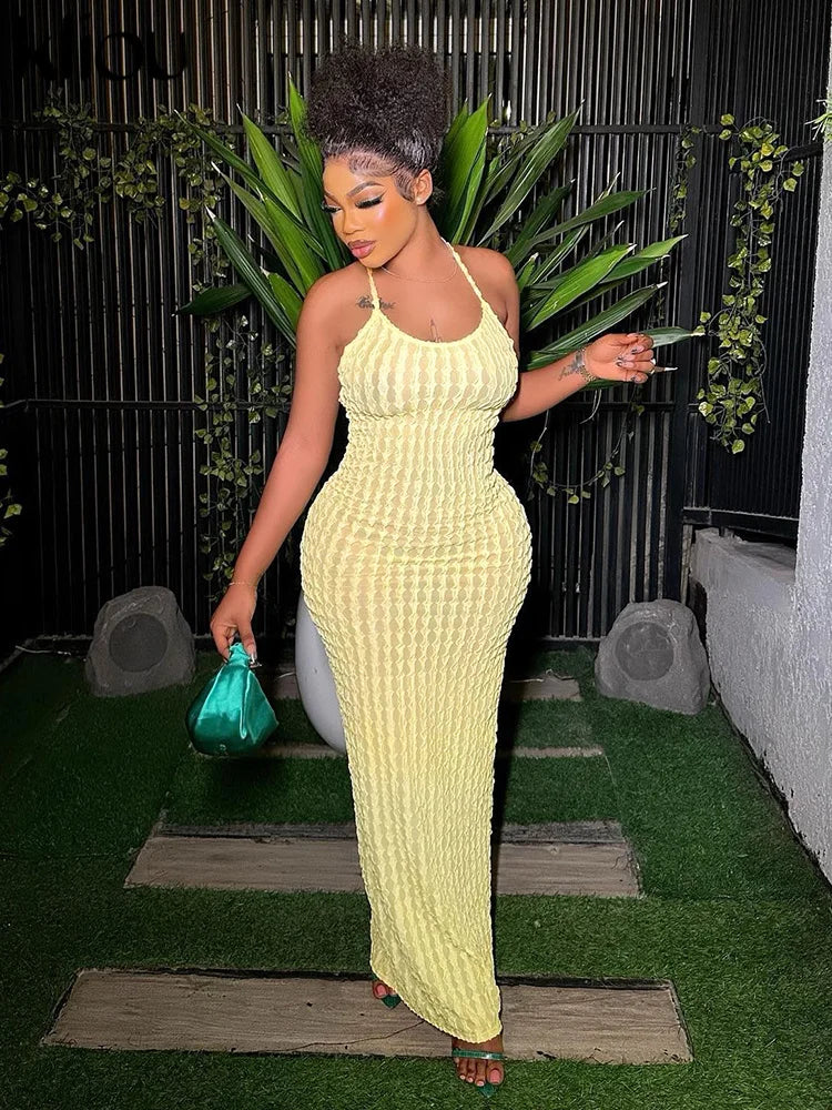 Kliou Solid Ruched Spaghetti Strap Bandage Maxi Dress Women Casual Sleeveless Backless Bodycon Ladies Party Streetwear Dresses