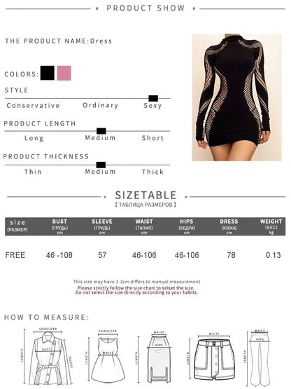 Women Sexy Hollow Out Mini Dress Mesh Long Sleeve Seamless Party Clubwear Bodycon Cutout Mini Dress