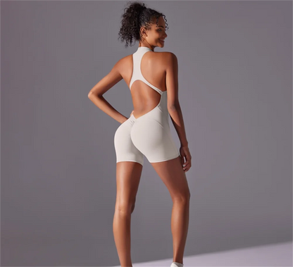 Solid color high-intensity nude tight fitting sports back jumpsuit yoga suit tight fitting running fitness suit