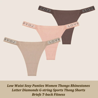 Low Waist Sexy Panties Women Thongs Rhinestones Letter Diamonds G-string Sports Thong Shorts Briefs T-back Size XS-XL 3Pcs