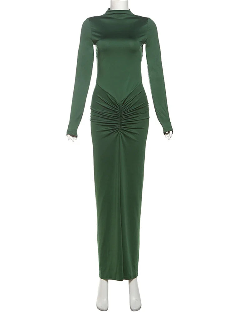 Kliou Shirring Women Classic Maxi Dress Autumn New Solid Long Sleeve High Collar Body-shaping Vestidos Mujer Concise Trend Robe