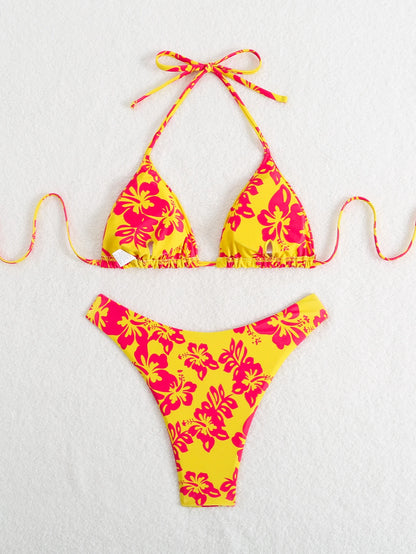 Summer retro floral print 2-piece bikini lace up swimsuit sexy high waisted women's swimsuit