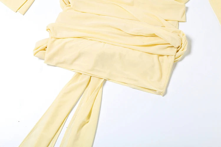 Weird Puss Ruched See Through Dress Women Patchwork Single-Breasted Full Sleeve Bandage Tassel Trend Streetwear Mini Bodycon