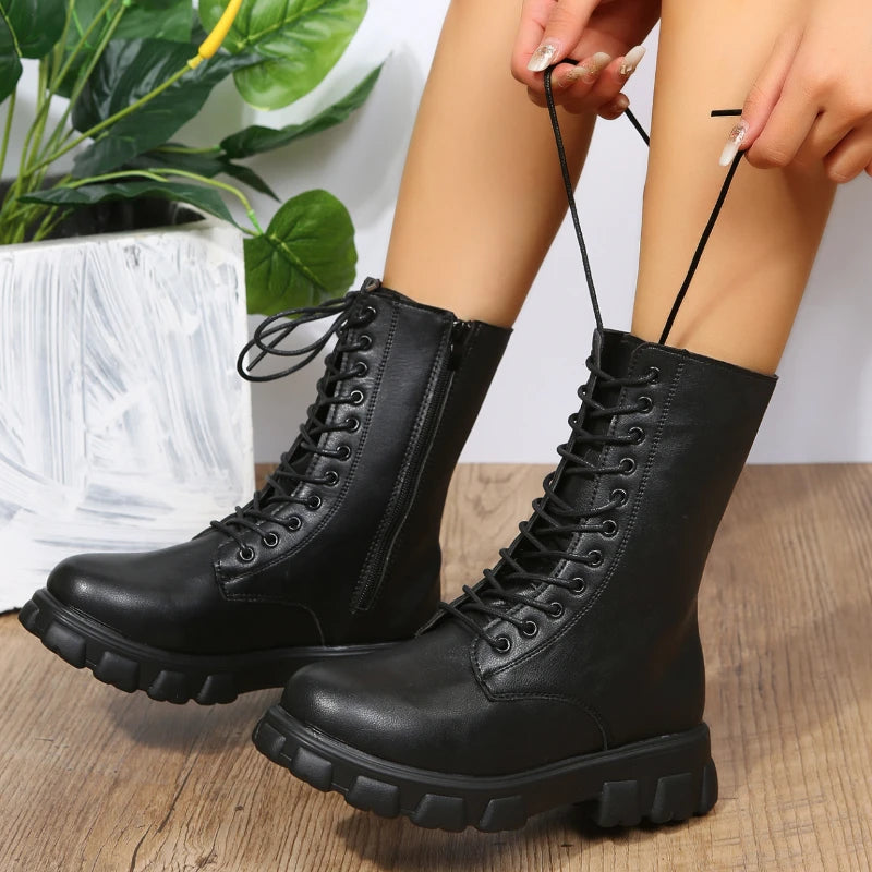 Autumn Winter PU Leather White Ankle Boots Motorcycle Botines Female Chunky Heels Platform Boots Botas Mujer