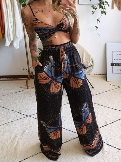 Sexy Two Piece Set Women Outfit 2025 Summer Butterfly Print V-Neck Cropped Top High Waist Drawstring Casual Wide Leg Pants Sets