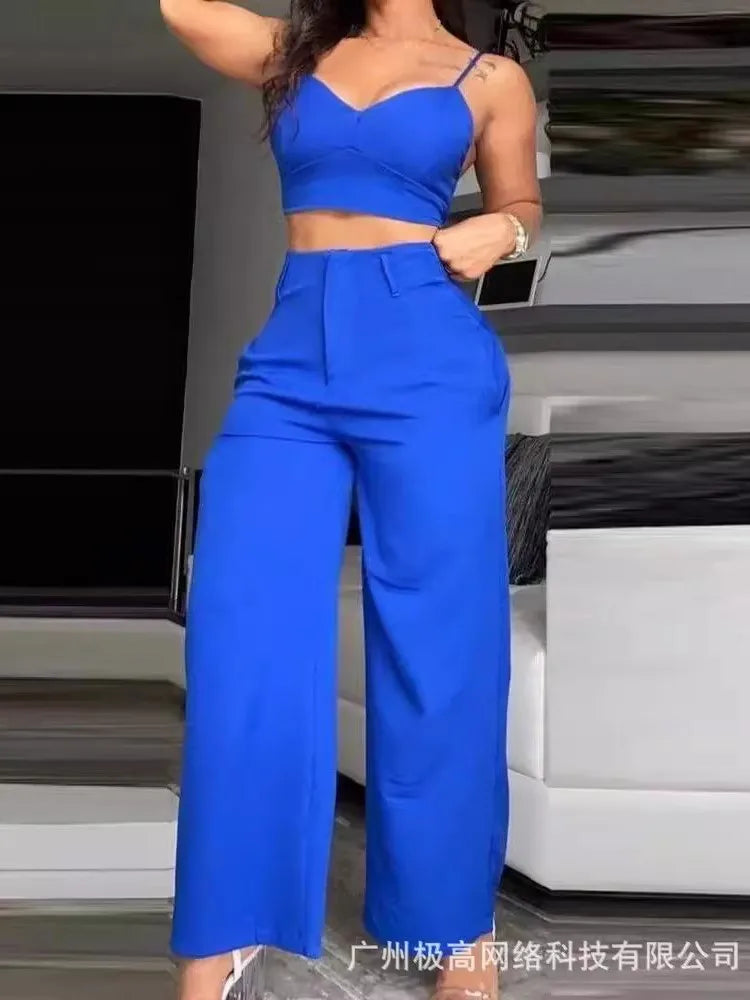 Summer Sexy 2 Piece Set Women V-Neck Strap Shirred Slim Crop Top & Lace-up Wide Leg Pants Sets Elegant Holiday Lady Suit