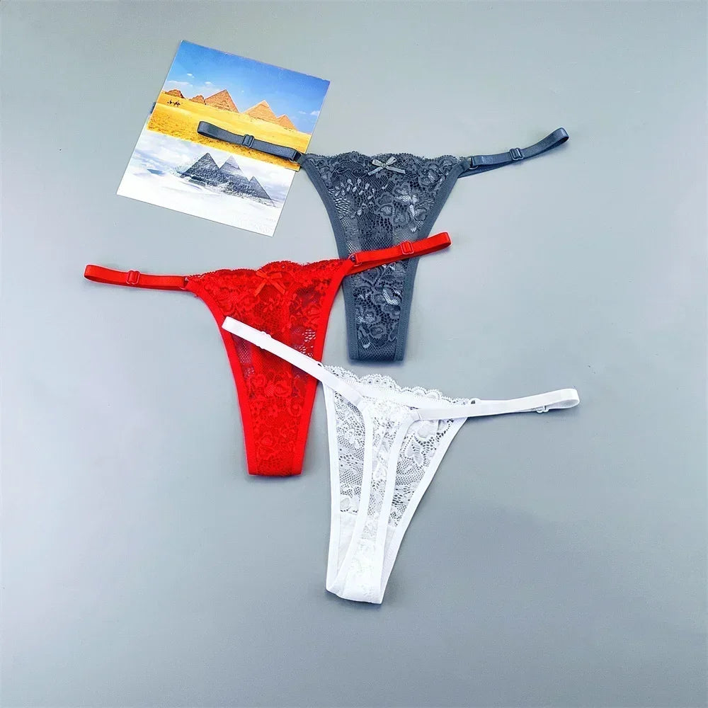 3PCS Adjustable Sexy Transparent Thong Panties Women Lace Underwear Low Waist Female T-back String Underpants