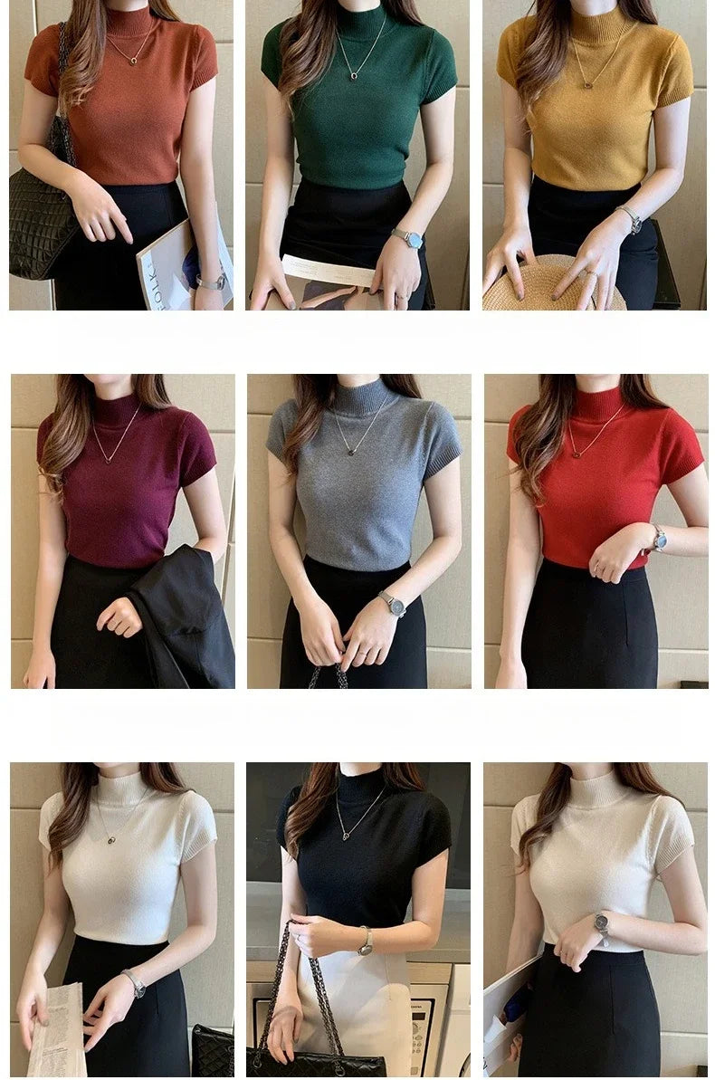 Half-High Neck T-Shirt Women's Fashion Jumper Casual Tops Korean Style Elegant Solid-Coloured Clothing Spring And Summer Season