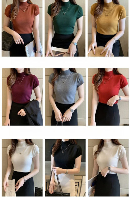 Half-High Neck T-Shirt Women's Fashion Jumper Casual Tops Korean Style Elegant Solid-Coloured Clothing Spring And Summer Season