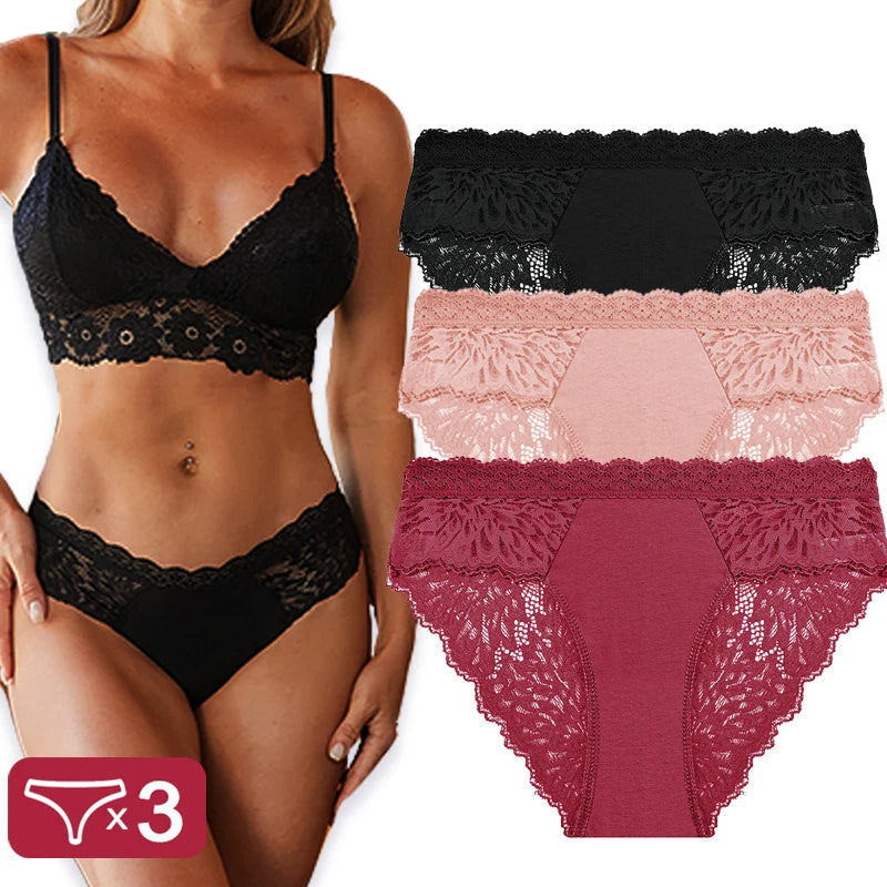 Sexy Perspective Women Back Lace Panties Patchwork Cotton Underpants Hollow Out Lingerie Underwear Comfortable Briefs 3PCS