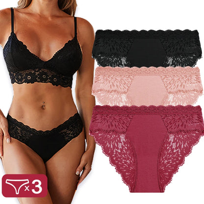 Sexy Perspective Women Back Lace Panties Patchwork Cotton Underpants Hollow Out Lingerie Underwear Comfortable Briefs 3PCS
