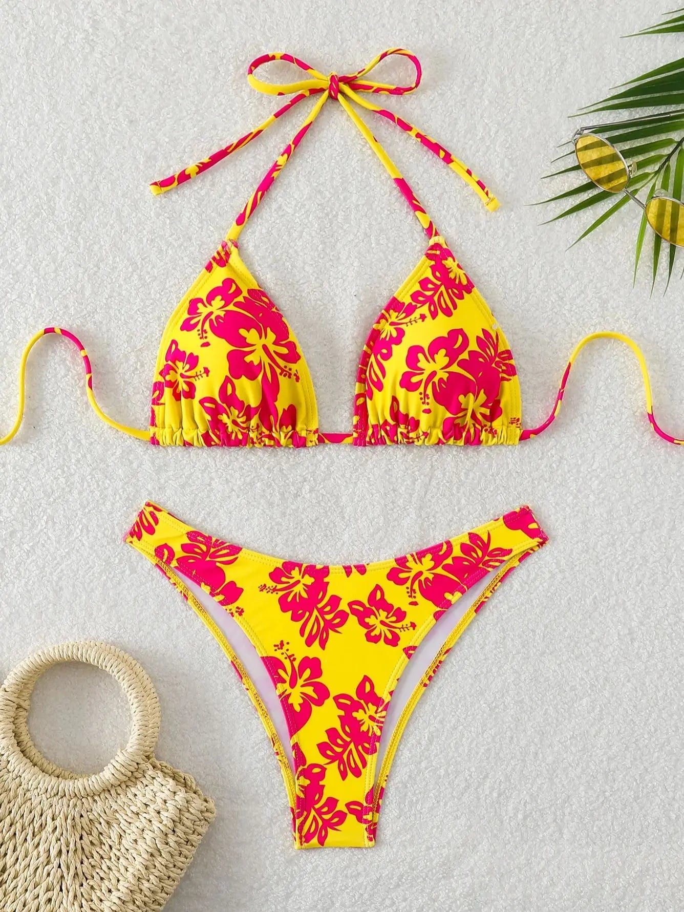 Summer retro floral print 2-piece bikini lace up swimsuit sexy high waisted women's swimsuit