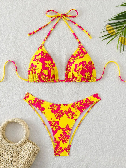 Summer retro floral print 2-piece bikini lace up swimsuit sexy high waisted women's swimsuit