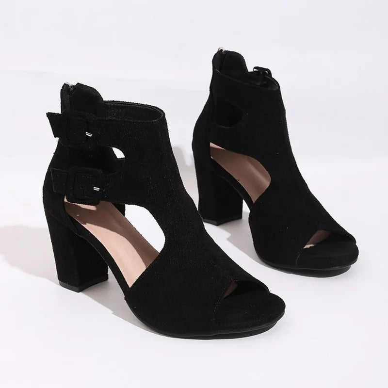 Peep Toe Black High Heel Sandals Women Retro Faux Suede Thick Heel Sandals Woman Summer Plus Size 35-43 Sandalias Female