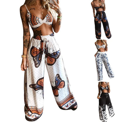 Sexy Two Piece Set Women Outfit 2025 Summer Butterfly Print V-Neck Cropped Top High Waist Drawstring Casual Wide Leg Pants Sets