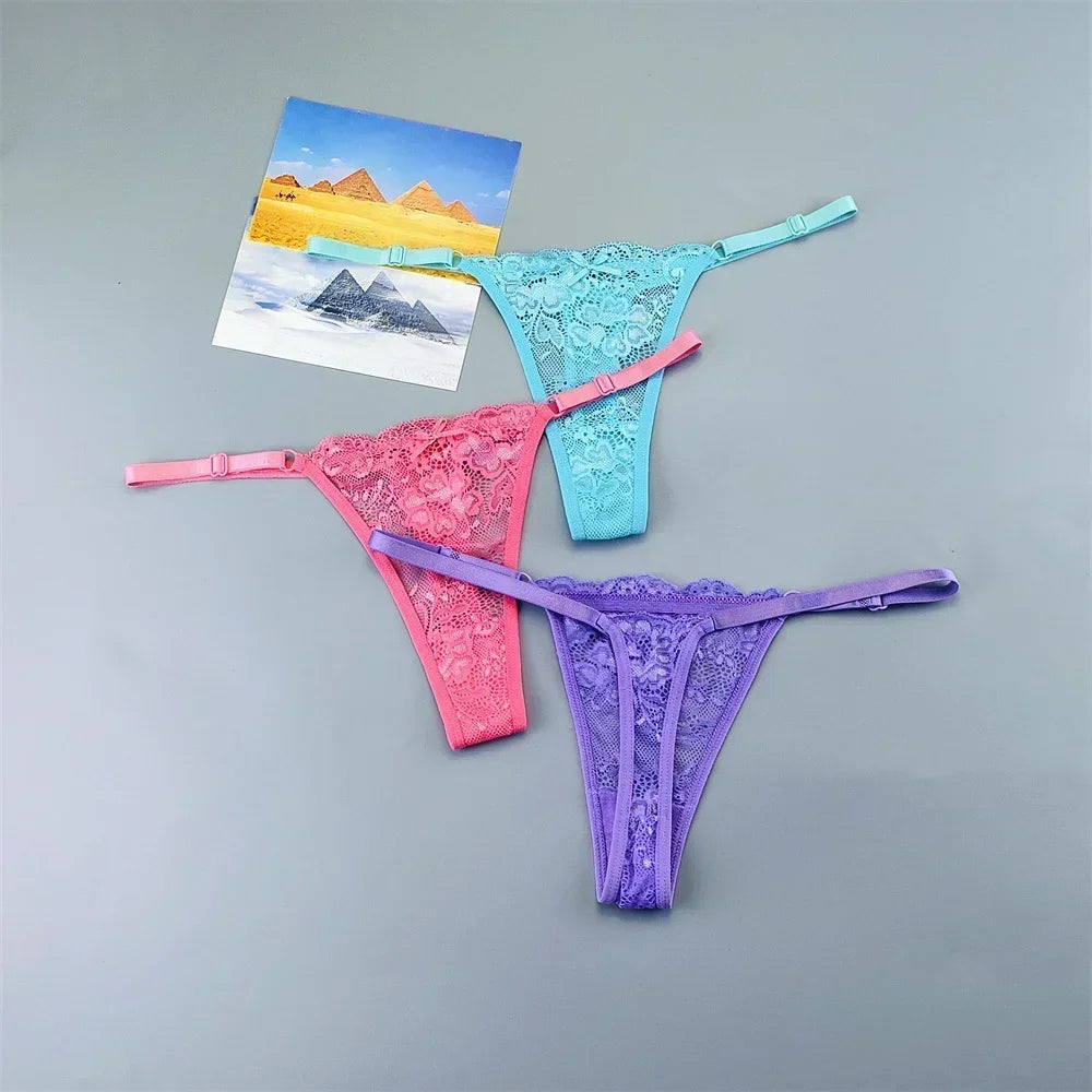 3PCS Adjustable Sexy Transparent Thong Panties Women Lace Underwear Low Waist Female T-back String Underpants