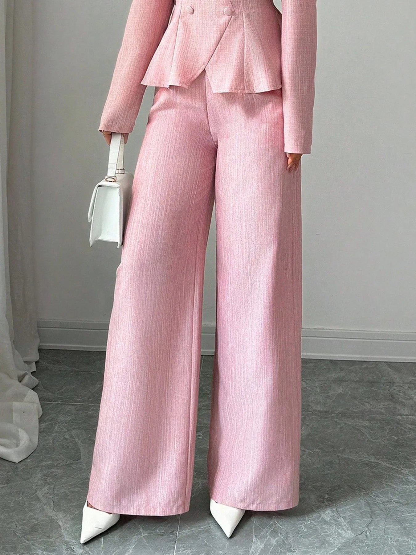 Women's High Waist Pink Waist Covered Button Design Elegant Casual Wear Loose Flowing Straight Pants