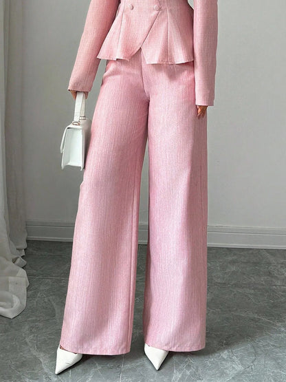 Women's High Waist Pink Waist Covered Button Design Elegant Casual Wear Loose Flowing Straight Pants