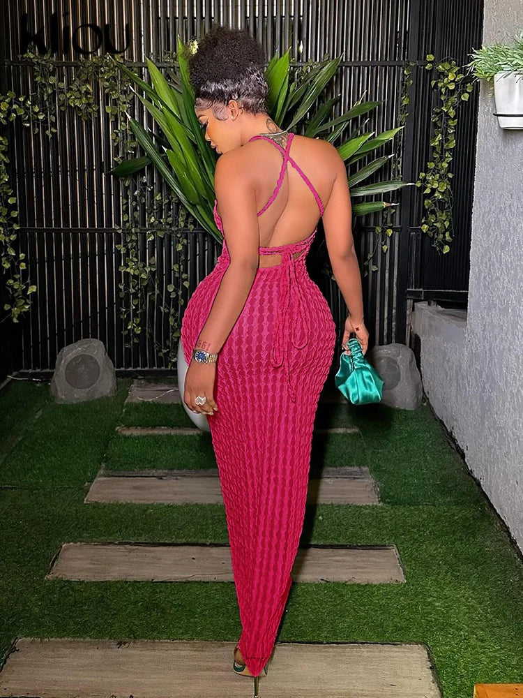 Kliou Solid Ruched Spaghetti Strap Bandage Maxi Dress Women Casual Sleeveless Backless Bodycon Ladies Party Streetwear Dresses