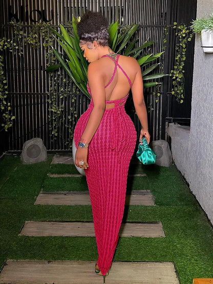 Kliou Solid Ruched Spaghetti Strap Bandage Maxi Dress Women Casual Sleeveless Backless Bodycon Ladies Party Streetwear Dresses