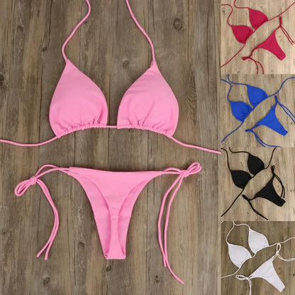 Sexy Halter Solid color Bikini Set Women's Swimsuit Two-piece Triangle Thong Swimwear Bathing Suit for Beach Biquinis