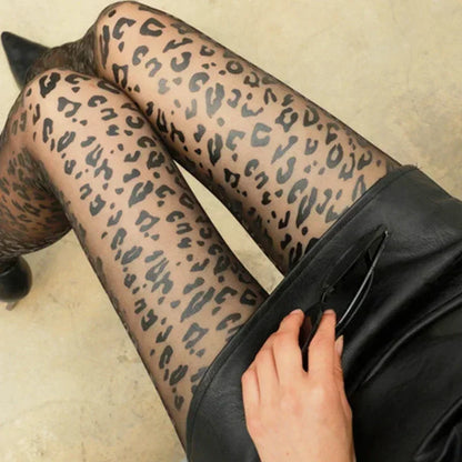 Vintage Women Sexy Thin Transparent Silky Pantyhose Gothic Black Sexy Leopard Animal Pattern Sheer Tights Seamless Stockings