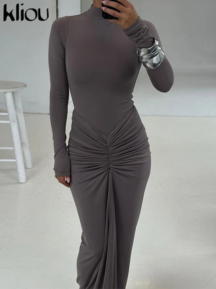 Kliou Shirring Women Classic Maxi Dress Autumn New Solid Long Sleeve High Collar Body-shaping Vestidos Mujer Concise Trend Robe