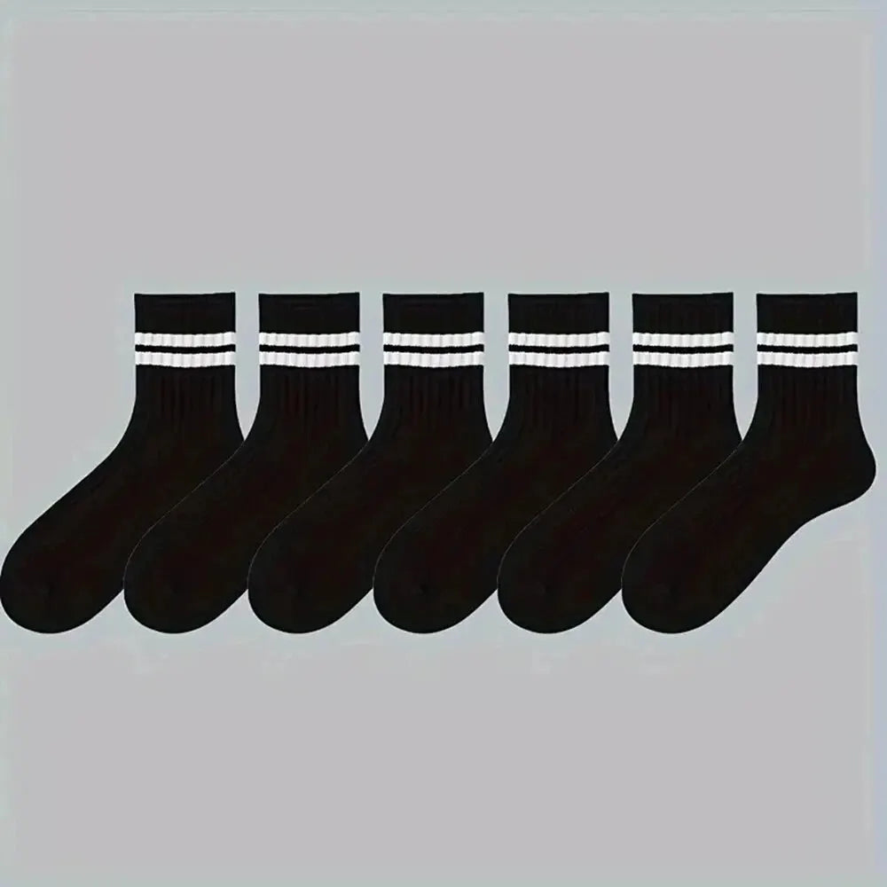 6 Pairs Men's Socks Spring Autumn Simple Casual Black White Striped Socks Breathable Mid Tube Sock High-quality Round Neck Socks