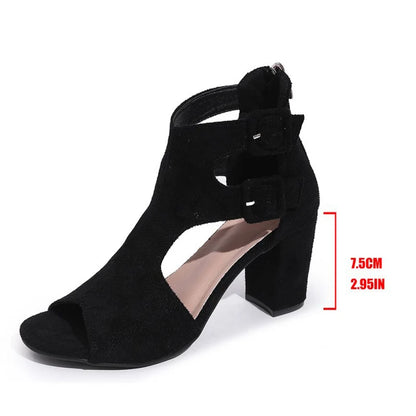 Peep Toe Black High Heel Sandals Women Retro Faux Suede Thick Heel Sandals Woman Summer Plus Size 35-43 Sandalias Female