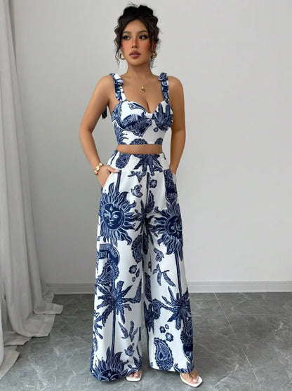 Sexy Strapback Halter Tops Long Pants Female 2-piece Set Summer Fashion Printed Wide-leg Pocket Trousers Elegant Women's Suit