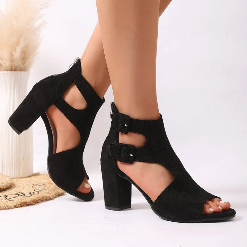 Peep Toe Black High Heel Sandals Women Retro Faux Suede Thick Heel Sandals Woman Summer Plus Size 35-43 Sandalias Female