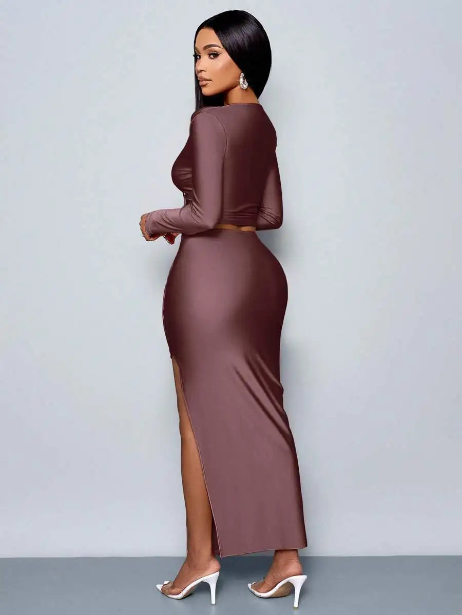 BWQ Women's 2pcs Set Solid Color Elegant Casual Simple Asymmetrical Collar Long Sleeve T-Shirt And Slim Pleated Side Slit