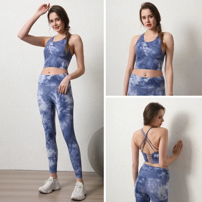 Tie-dye yoga suit set women's cross beauty back shockproof sports bra high-end vest two-piece gym suit