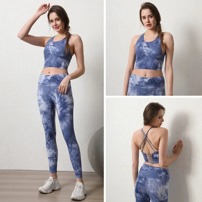 Tie-dye yoga suit set women's cross beauty back shockproof sports bra high-end vest two-piece gym suit