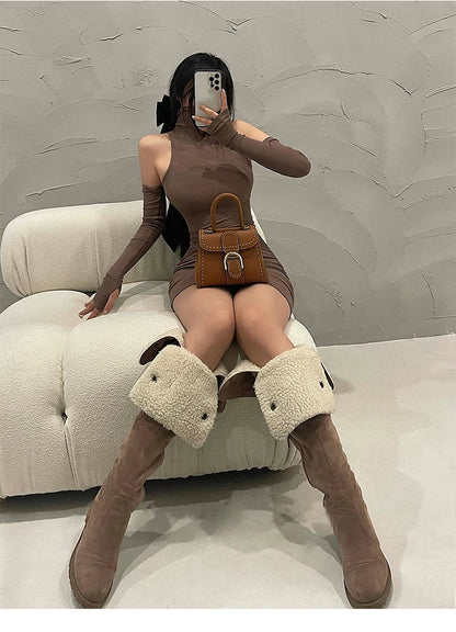 Women's Mini Dress Sleeveless Pleated Skinny Dress High Neck Lace Up Autumn Black Tight Elastic Party Tank Dresses